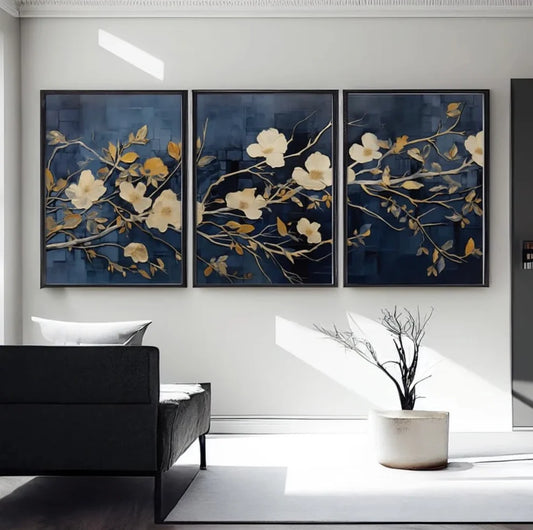 Blue Background Floral Wall Art 3 Frames Set