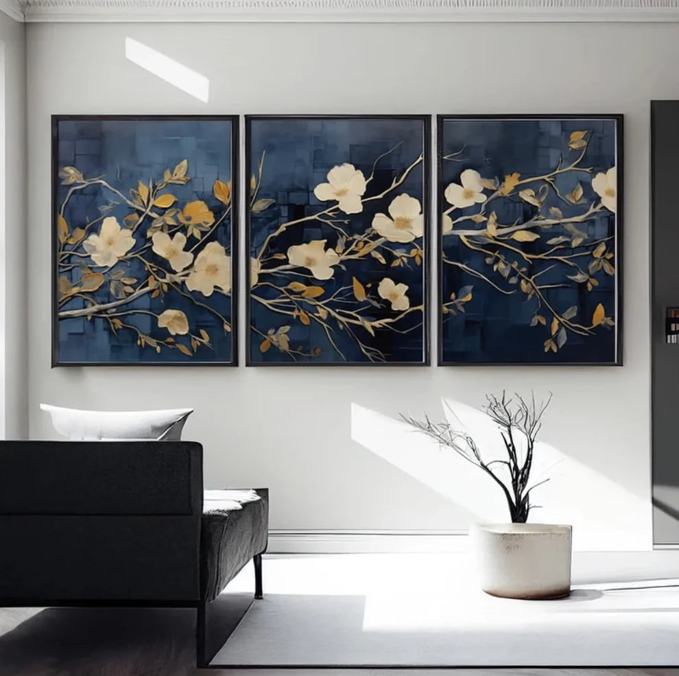 Blue Background Floral Wall Art 3 Frames Set